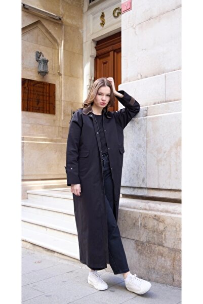 Hena Store Velvet Collar Women's Trench Coat Long