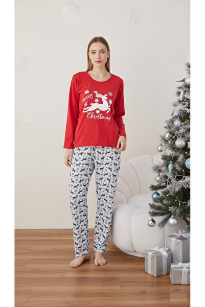 embody Lady's Christmas cotton pyjamas, set with blouse and long trousers, red 01019