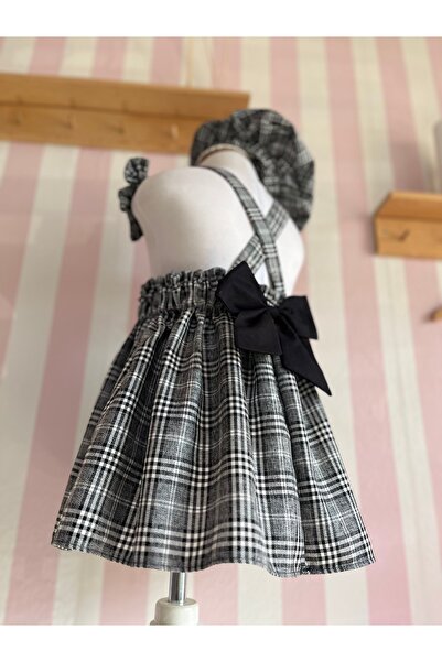 Eylülce Butik Salopetă gri în carouri pentru fetițe și copii, pălărie de pictor și set cu cataramă (țesătură 100% bumbac)