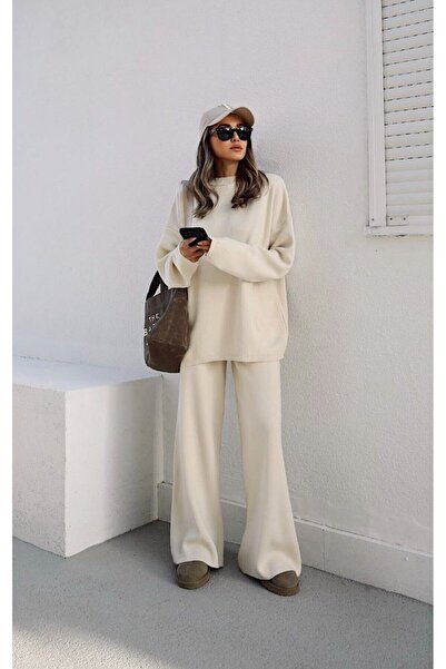 BRTC design Women's Crew Neck Elastic Waist Wide Leg Relax Knitwear Set