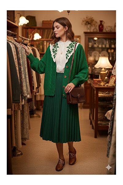 Namaste Vintage Green Color Knit Detailed Balloon Sleeve Knitwear Cardigan