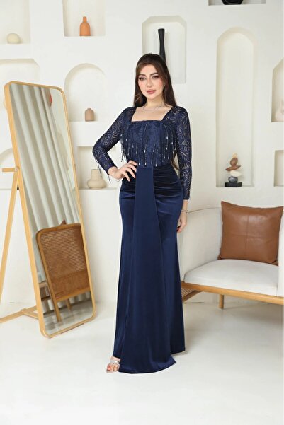 Nice Model Dark blue velvet evening dress with beaded lace sleeves for women,...