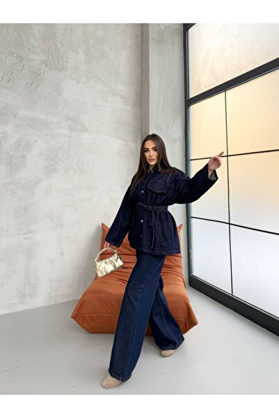 GM Butikk Pocket Detailed Belted Navy Blue Denim Premium Jacket Jean Suit Hijab Clothing Women's Hijab Jeans Suit