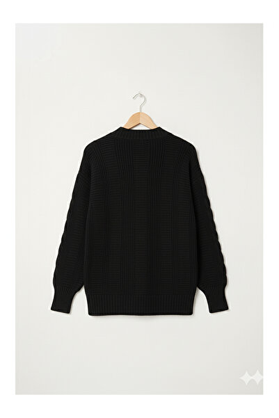 Namaste Vintage Black Color Knit Detailed Balloon Sleeve Knitwear Cardigan