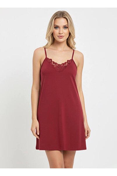 cherry queen Burgundy Lace Micro Combed Cotton Strap Short Nightgown – Comfortable Women's Home Wear
