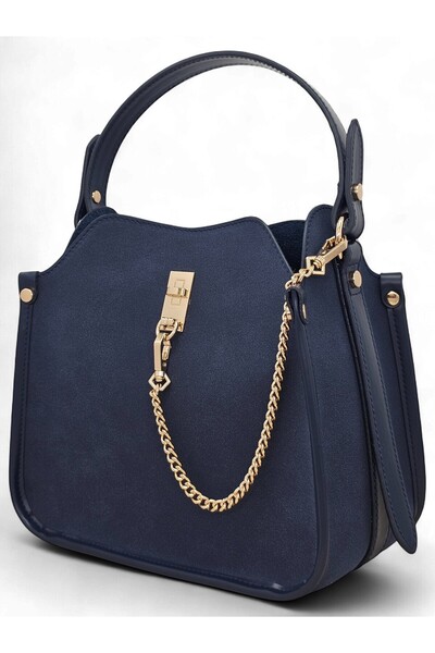 Evident Navy Blue Nubuck Chain Accessory Detailed Hand & Shoulder Women's Bag