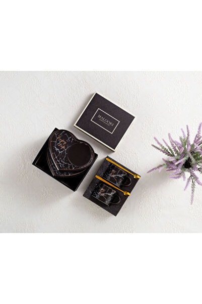 Malooki Set of 2 ceramic cups with heart-shaped saucer - Black