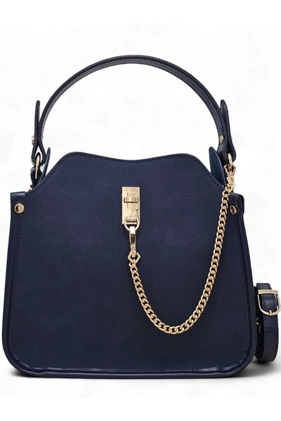 Evident Navy Blue Nubuck Chain Accessory Detailed Hand & Shoulder Women's Bag