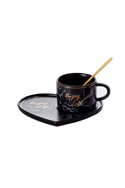 Malooki Set of 2 ceramic cups with heart-shaped saucer - Black