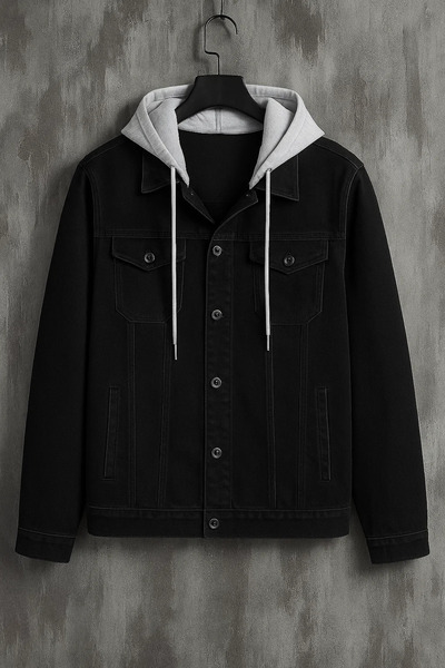 DAMGA JEANS Palton pentru bărbați cu glugă de tranziție negru din denim largi