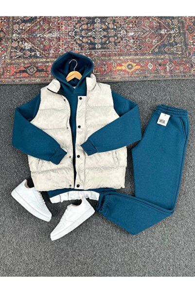 tetramoda Padded Inflatable Vest and Three Thread Compact Hooded Cotton Inside O Oversized Tracksuit Set 3-Piece Set