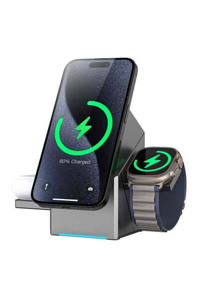 BoSidin شاحن لاسلكي مغناطيسي منبثق 3 في 1 - محطة شحن دوارة تلقائيًا بقوة 15 و...