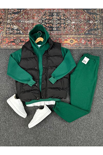 tetramoda Padded Inflatable Vest and Three Thread Compact Hooded Cotton Inside O Oversized Tracksuit Set 3-Piece Set