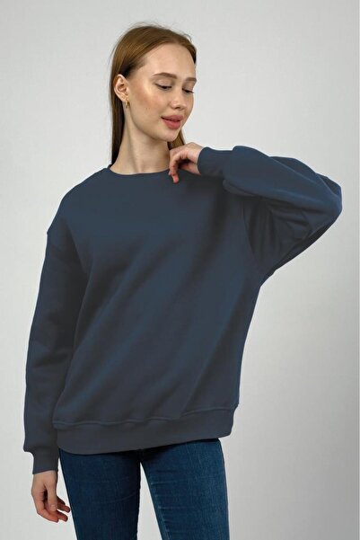 Betimoda Women's Basic Cotton Fleece-Lined Crew Neck Sweatshirt Navy Blue