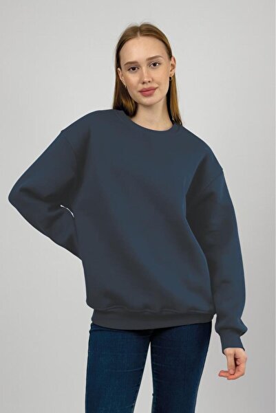 Betimoda Women's Basic Cotton Fleece-Lined Crew Neck Sweatshirt Navy Blue