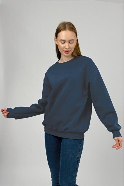 Betimoda Women's Basic Cotton Fleece-Lined Crew Neck Sweatshirt Navy Blue
