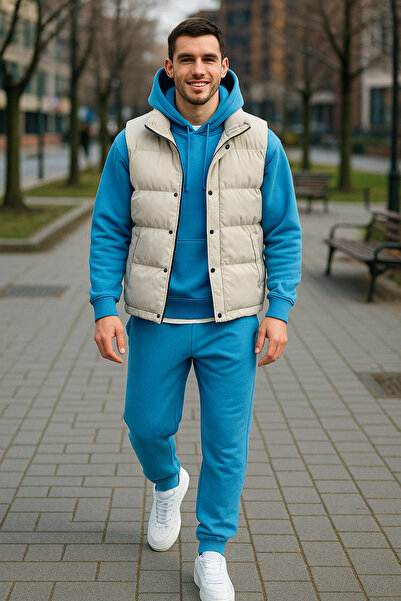 tetramoda Padded Inflatable Vest and Three Thread Compact Hooded Cotton Inside O Oversized Tracksuit Set 3-Piece Set