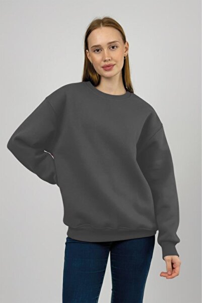Betimoda Women's Basic Cotton Fleece Lined Crew Neck Sweatshirt Anthracite