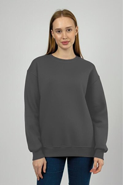 Betimoda Women's Basic Cotton Fleece Lined Crew Neck Sweatshirt Anthracite
