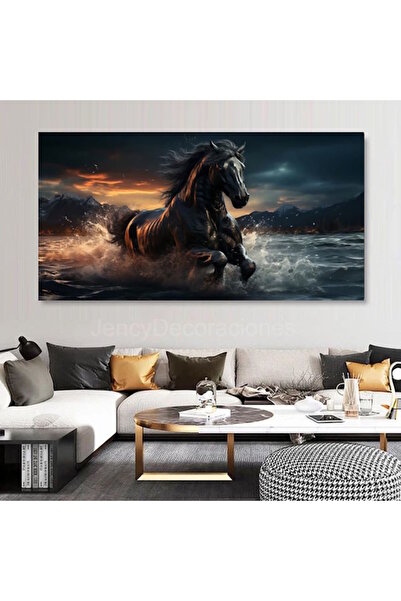 özkacar DENİZİN İÇİNDE ZIPLAYIP KOŞTURAN SİYAH AT KANVAS TABLO EV DUVAR SALON...