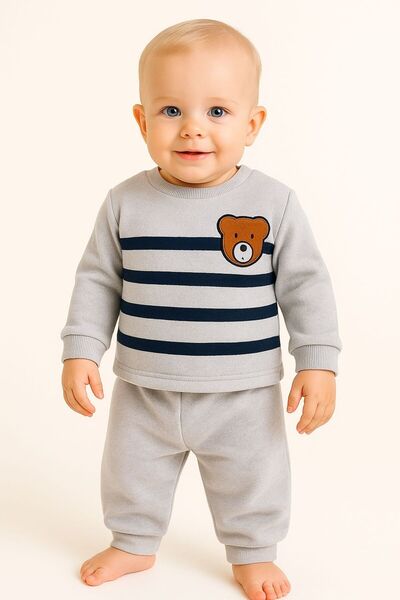 Oz Baby Striped Teddy Bear Printed Winter Unisex Fleece Baby Set Girl and Boy Baby Fleece 1-4 Years