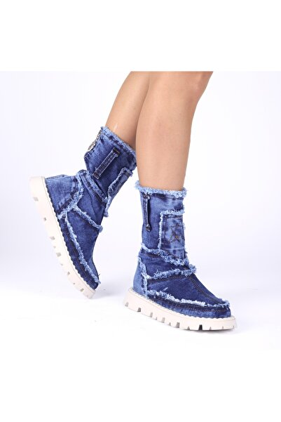 Butik Jeanolog Denim Boots Patchwork Design Casual Boots