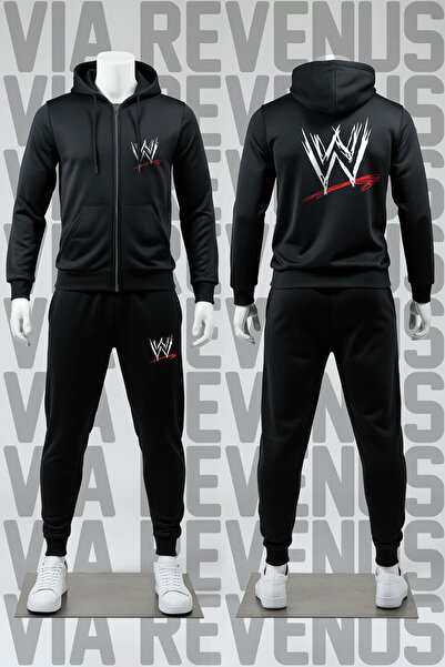 Vordevia Wwe Printed Zippered Hooded Sweatshirt and Sweatpants Unisex Sports Set