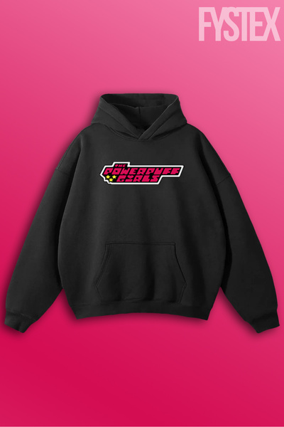 FYSTEX Women's Black Oversized Sweatshirt / Hoodie / Hooded Sweat / Power Puff Girls Sweatshirt Hoodie