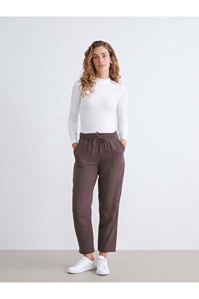 LC Waikiki Brown Textured Muslin Women's Trousers with Elastic Waist
