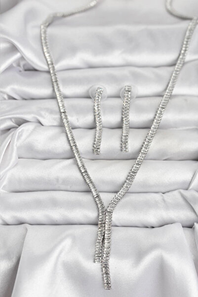 Belle Fusion طقم أقراط وقلادة نسائية من الزركون الفضي اللون من BFS