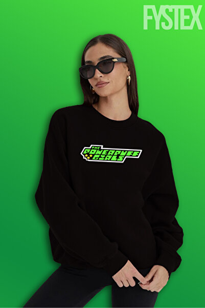 FYSTEX Women's Black Oversized Sweatshirt / Hoodie / Hooded Sweat / Power Puff Girls Sweatshirt Hoodie