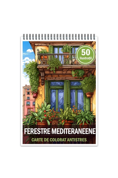 Legendary Gifts Carte de colorat antistres, 50 de ilustrații cu ferestre mediteraneene, format A4