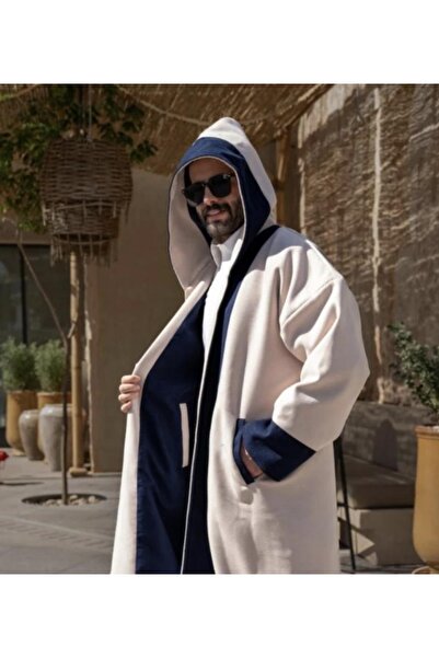 Abaya-AB Men's double-sided winter fur coat in navy and off-white wool with a stylish shawl
