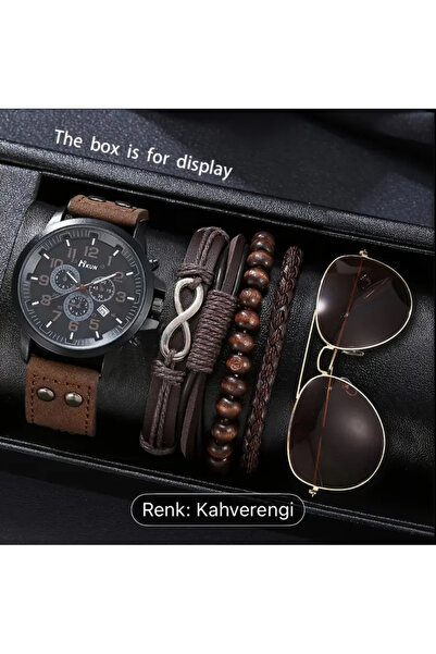 hediyeliklershop 6 Parça Erkek Retro Şık deri saat,Gözlük ve Bileklik Seti-Mü...
