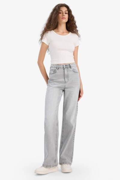 DeFacto 90S Wide Leg High Waist Straight Leg Long Jean Snow Washed Pants E8404Ax25Au