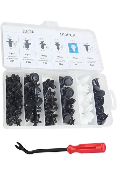Generic 100-piece set of mounting clips, 6 sizes of hood and door trim fasteners with clip removal tool