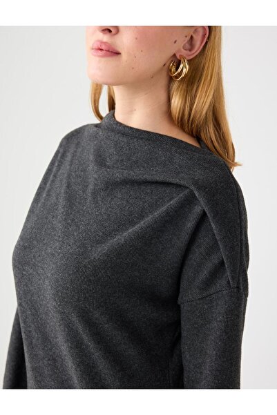 Jimmy Key Antrasit Degaje Yaka Yumuşak Dokulu Midi Örme Elbise