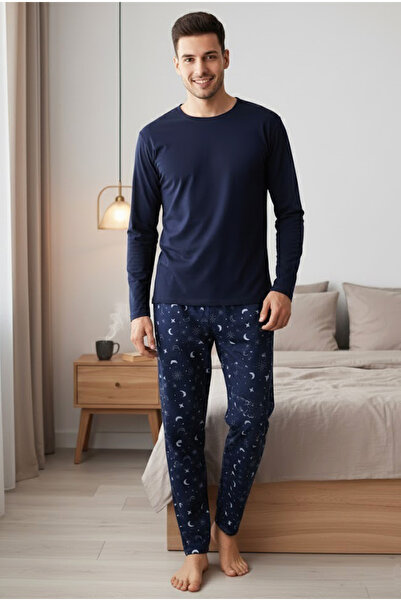 Siyah İnci Navy Blue Moon Star Pattern Long Sleeve Cotton Knitted Pajamas Suit 7972