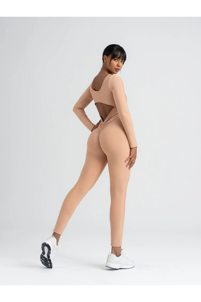 lismina Ten Rengi ( Nude ) Uzun Kollu Arkası Büzgülü ( Scrunch Butt ) Spor Tayt Tulum