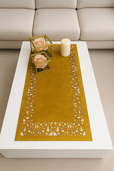 Ergüven Home Mustard Yellow Geometric Triangle Pattern Suede Fabric Runner 40...