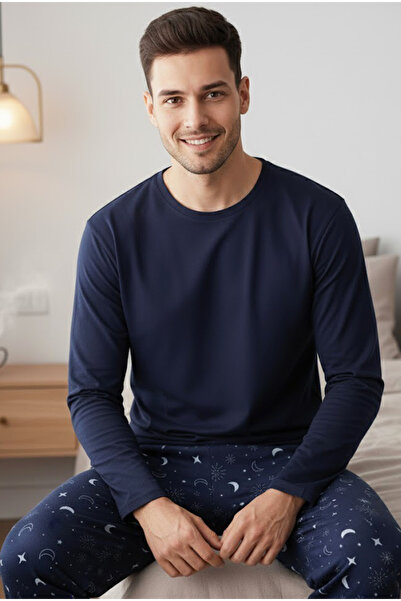 Siyah İnci Navy Blue Moon Star Pattern Long Sleeve Cotton Knitted Pajamas Suit 7972