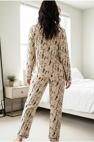 Siyah İnci Set de pijamale cu mâneci lungi, cu nasturi, cu model de gâscă bej cu vipușcă 7926