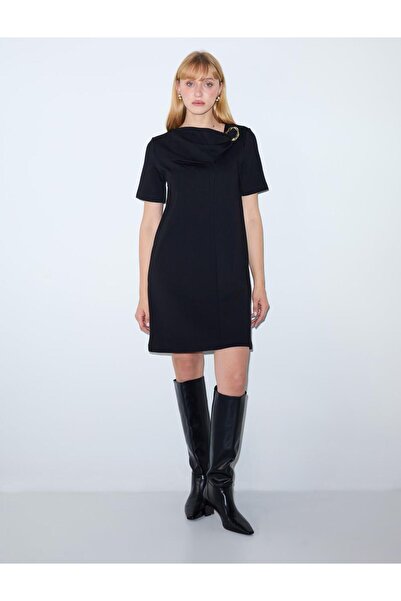 Jimmy Key Siyah Degaje Yaka Kısa Kollu Örme Mini Elbise