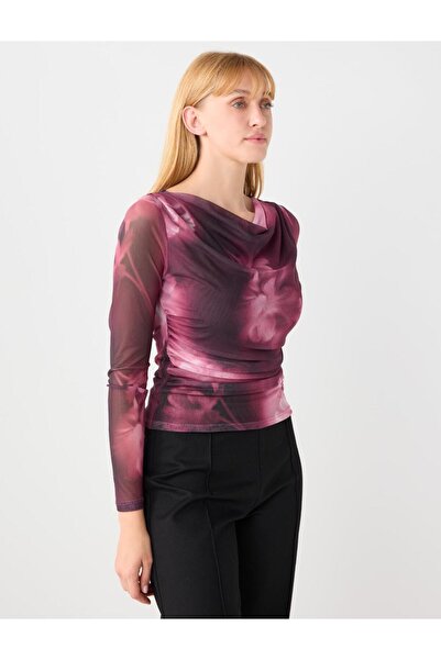 Jimmy Key Gül Kurusu Dar Kesim Dökümlü Yaka Desenli Örme Mesh Bluz