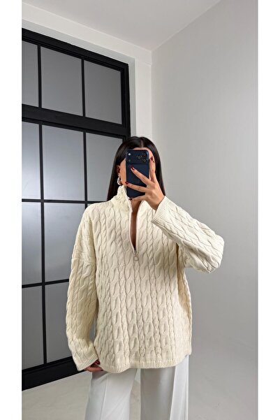 Gaus Ecru Zippered Knitted Sweater Gaus-00213