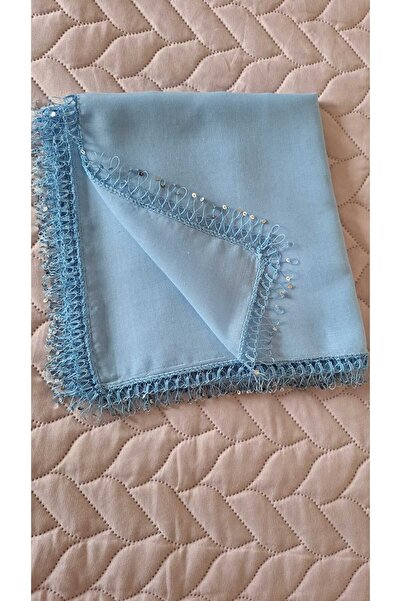 Cenk 1 ADET MAVİ Tığ Oyası Pullu Yazma 4 Kenar İşlemeli, İğne Oyası Eşarp