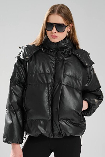 tw3 Women's Faux Leather Goose down Filled Hooded Design Coat