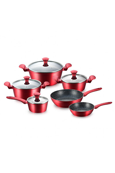Royalty Line Set de oale și tigăi FD10, 10 piese, aluminiu turnat, finisaj marmură Greblon, inducție, roșu