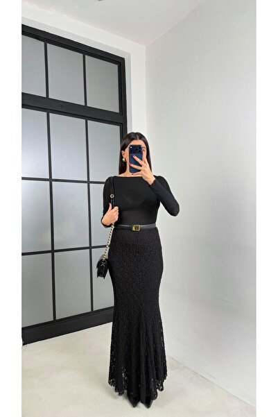 Gaus Fusta neagră maxi cu dantelă căptușită completă GAUS-00714