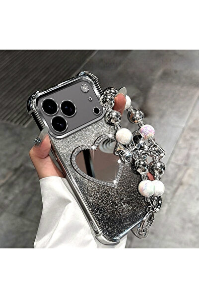 Generic Case for iPhone 17 Pro Max，Shine Bow Wrist Strap，Sparkly Heart Makeup Mirror，Bling Gradient Cover